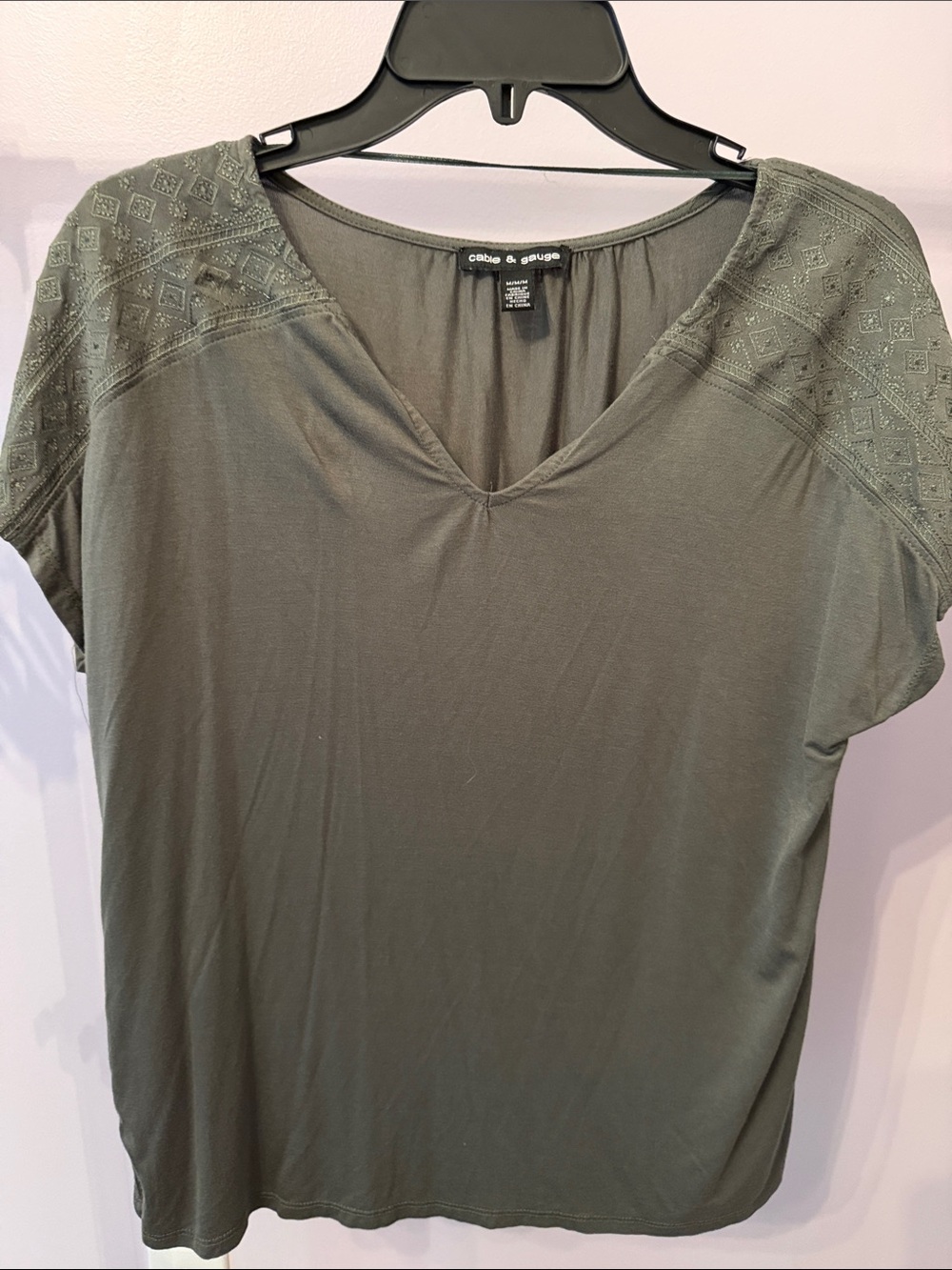 Cable & Gauge Olive Embroidered V-Neck Short Sleeve Tee